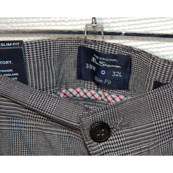Ben Sherman Plaid Trousers New Slim Fit Charcoal Stretch 38x32 Mens Slacks - Picture 3 of 5